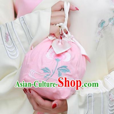 Traditional Ancient Chinese Female Embroidered Flowers Handbags, Elegant Hanfu Ming Dynasty Embroidered Palace Princess Pink Bag for Women
