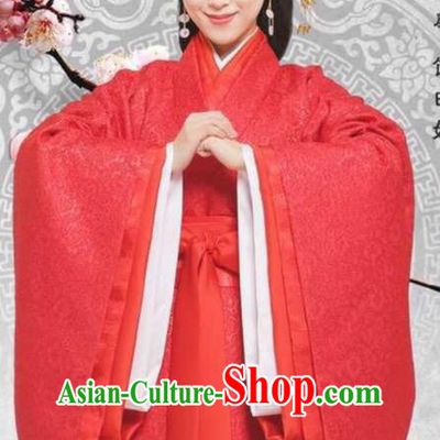 Traditional Ancient Chinese Imperial Empress Wedding Costume, Elegant Hanfu Bride Red Dress Chinese Han Dynasty Imperial Princess Tailing Embroidered Clothing for Women