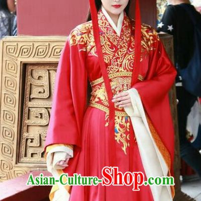 Traditional Ancient Chinese Imperial Empress Wedding Costume, Elegant Hanfu Bride Red Dress Chinese Han Dynasty Imperial Queen Tailing Embroidered Clothing for Women