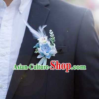 Top Grade Classical Wedding Silk Flowers,Groom Emulational Corsage Groomsman Blue Feather Brooch Flowers for Men