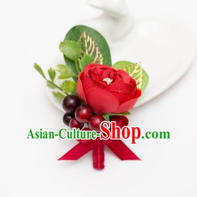 Top Grade Classical Wedding Silk Flowers,Groom Emulational Corsage Groomsman Red Brooch Flowers for Men