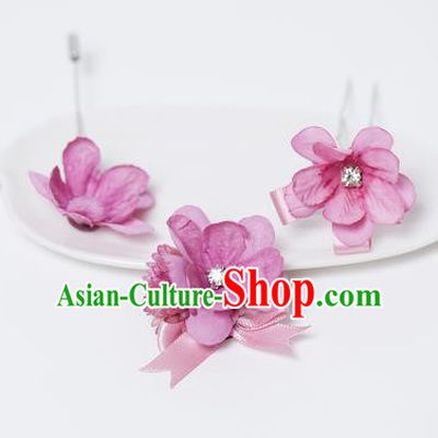 Traditional Handmade Classical Hair Accessories Bride Wedding Lilac Flowers Barrettes and Brooch Complete Set, Hair Sticks Hair Claws, Hair Fascinators Hairpins for Women