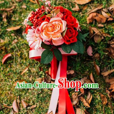 Top Grade Classical Wedding Silk Flowers, Bride Holding Emulational Red Rose Flowers, Hand Tied Bouquet Flowers for Women