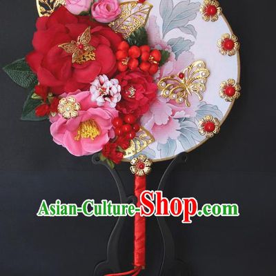 Traditional Handmade Chinese Ancient Classical Wedding Accessories Decoration, Bride Wedding Flowers Round Fan, Hanfu Xiuhe Suit Palace Red Fan for Women
