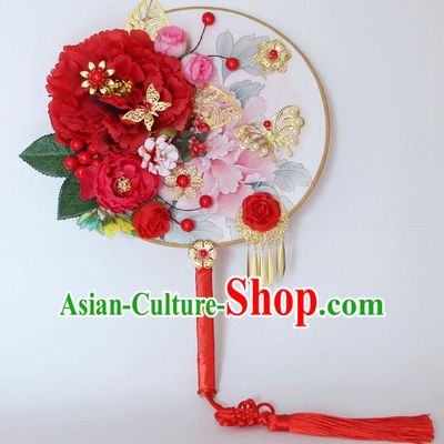 Traditional Handmade Chinese Ancient Classical Wedding Accessories Decoration, Bride Wedding Flowers Round Fan, Hanfu Xiuhe Suit Palace Butterfly Fan for Women
