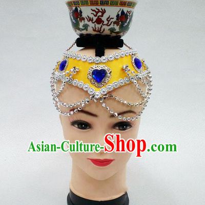 Traditional Chinese Mongol Nationality Dancing Accessories Headdress, Mongolian Folk Dance Ethnic Headwear Top Bowl Dance Yellow Hat for Women