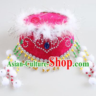 Traditional Chinese Mongol Nationality Dancing Accessories Headdress, Mongolian Kids Folk Dance Ethnic Headwear China Minority Palace Princess Dance Rose Hat for Children
