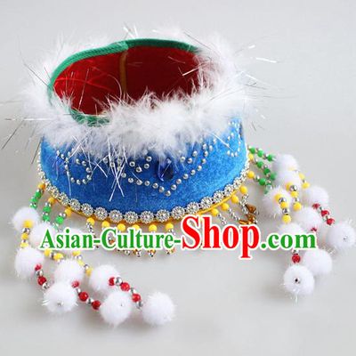 Traditional Chinese Mongol Nationality Dancing Accessories Headdress, Mongolian Kids Folk Dance Ethnic Headwear China Minority Palace Princess Dance Blue Hat for Children