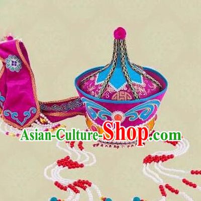 Traditional Chinese Mongol Nationality Dancing Accessories Headdress, Mongolian Folk Dance Ethnic Headwear China Minority Palace Princess Dance Purple Hat for Women