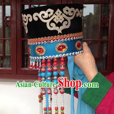 Traditional Chinese Mongol Nationality Dancing Accessories Headdress, Mongolian Folk Dance Ethnic Headwear China Minority Palace Princess Dance Bead Black Hat for Women