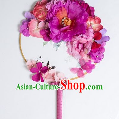 Traditional Handmade Chinese Ancient Classical Wedding Accessories Decoration, Bride Wedding Flowers Round Fan, Hanfu Xiuhe Suit Palace Flowers Fan for Women