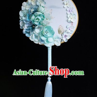 Traditional Handmade Chinese Ancient Classical Wedding Accessories Decoration, Bride Wedding Flowers Round Fan, Hanfu Xiuhe Suit Palace Blue Flowers Fan for Women