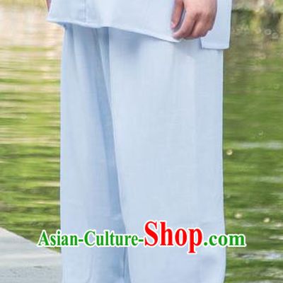 Traditional Chinese Top Linen Kung Fu Costume Martial Arts Kung Fu Training Light Blue Pants, Tang Suit Gongfu Shaolin Wushu Clothing Tai Chi Taiji Teacher Trousers for Men