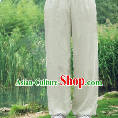 Traditional Chinese Top Linen Kung Fu Costume Martial Arts Kung Fu Training Light Grey Pants, Tang Suit Gongfu Shaolin Wushu Clothing Tai Chi Taiji Teacher Trousers for Men