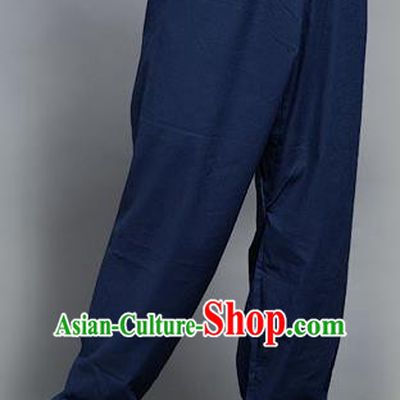 Traditional Chinese Top Flax Kung Fu Costume Martial Arts Kung Fu Training Navy Pants, Tang Suit Gongfu Shaolin Wushu Clothing Tai Chi Taiji Teacher Trousers for Men