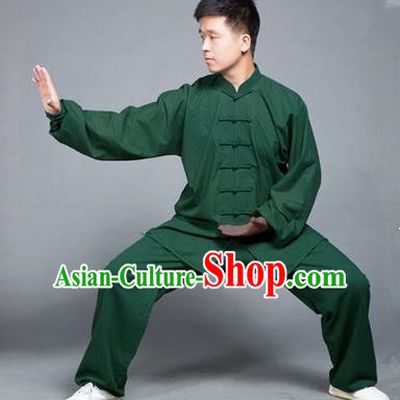 Traditional Chinese Top Flax Kung Fu Costume Martial Arts Kung Fu Training Green Uniform, Tang Suit Gongfu Shaolin Wushu Clothing, Tai Chi Taiji Teacher Suits Uniforms for Men