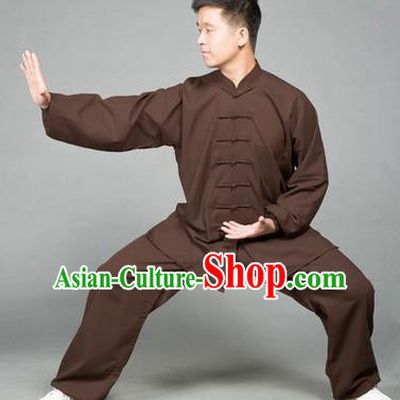 Traditional Chinese Top Flax Kung Fu Costume Martial Arts Kung Fu Training Brown Uniform, Tang Suit Gongfu Shaolin Wushu Clothing, Tai Chi Taiji Teacher Suits Uniforms for Men