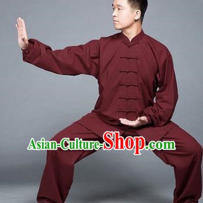 Traditional Chinese Top Flax Kung Fu Costume Martial Arts Kung Fu Training Red Uniform, Tang Suit Gongfu Shaolin Wushu Clothing, Tai Chi Taiji Teacher Suits Uniforms for Men