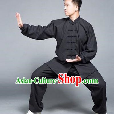 Traditional Chinese Top Flax Kung Fu Costume Martial Arts Kung Fu Training Black Uniform, Tang Suit Gongfu Shaolin Wushu Clothing, Tai Chi Taiji Teacher Suits Uniforms for Men