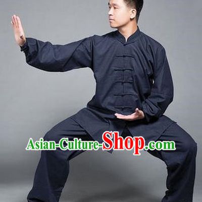 Traditional Chinese Top Flax Kung Fu Costume Martial Arts Kung Fu Training Navy Uniform, Tang Suit Gongfu Shaolin Wushu Clothing, Tai Chi Taiji Teacher Suits Uniforms for Men