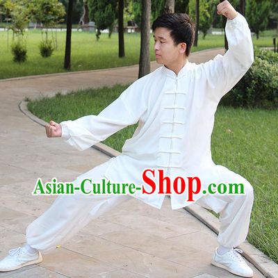 Traditional Chinese Top Silk Cotton Kung Fu Costume Martial Arts Kung Fu Training Long Sleeve White Uniform, Tang Suit Gongfu Shaolin Wushu Clothing, Tai Chi Taiji Teacher Suits Uniforms for Men