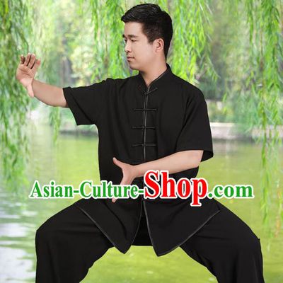 Traditional Chinese Top Silk Cotton Kung Fu Costume Martial Arts Kung Fu Training Short Sleeve Black Uniform, Tang Suit Gongfu Shaolin Wushu Clothing, Tai Chi Taiji Teacher Suits Uniforms for Men