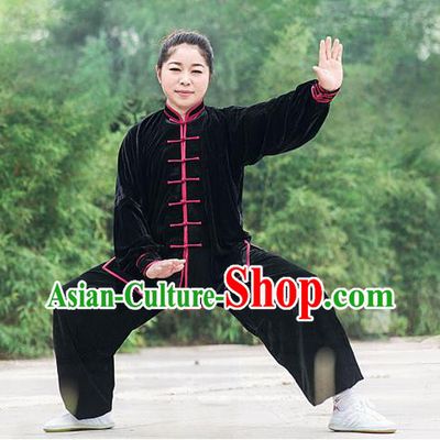 Traditional Chinese Top Pleuche Kung Fu Costume Martial Arts Kung Fu Training Black Plated Buttons Uniform, Tang Suit Gongfu Shaolin Wushu Clothing, Tai Chi Taiji Teacher Suits Uniforms for Women