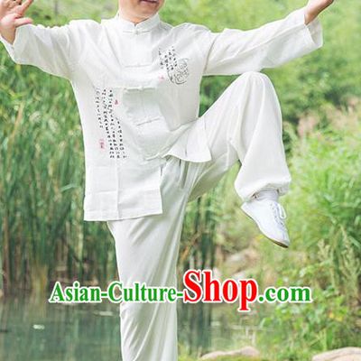 Traditional Chinese Top Linen Kung Fu Costume Martial Arts Kung Fu Training Long Sleeve Plated Buttons White Uniform, Tang Suit Gongfu Shaolin Wushu Clothing, Tai Chi Taiji Teacher Suits Uniforms for Men