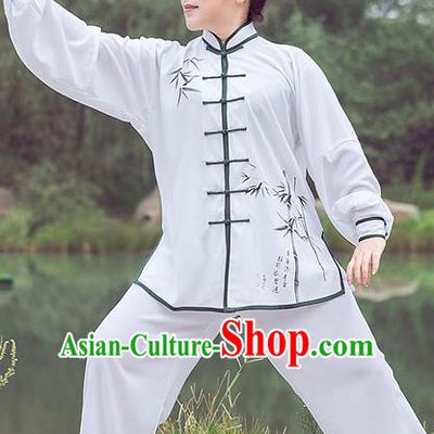 Traditional Chinese Top Linen Kung Fu Costume Martial Arts Kung Fu Training Plated Buttons White Printing Bamboo Uniform, Tang Suit Gongfu Shaolin Wushu Clothing, Tai Chi Taiji Teacher Suits Uniforms for Women