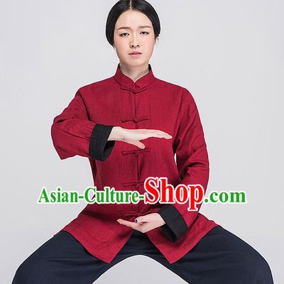 Traditional Chinese Top Linen Kung Fu Costume Martial Arts Kung Fu Training Plated Buttons Red Blouse, Tang Suit Gongfu Shaolin Wushu Clothing, Tai Chi Taiji Teacher Coat for Women