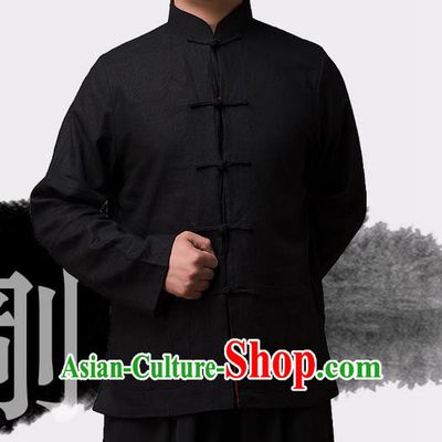 Traditional Chinese Top Linen Kung Fu Costume Martial Arts Kung Fu Training Plated Buttons Black Blouse, Tang Suit Gongfu Shaolin Wushu Clothing, Tai Chi Taiji Teacher Coat for Men