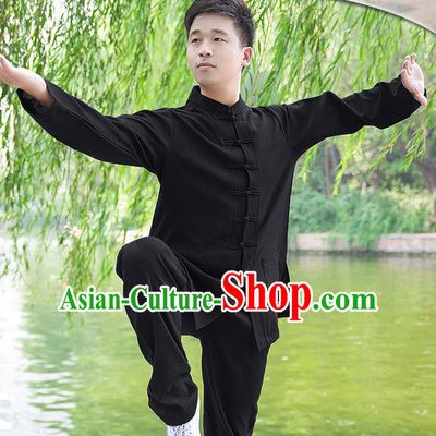 Traditional Chinese Top Linen Kung Fu Costume Martial Arts Kung Fu Training Long Sleeve Black Uniform, Tang Suit Gongfu Shaolin Wushu Clothing, Tai Chi Taiji Teacher Suits Uniforms for Men