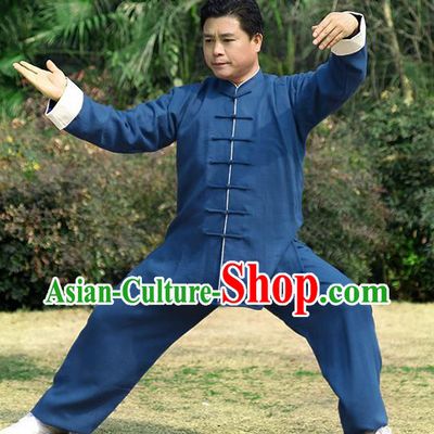 Traditional Chinese Top Linen Kung Fu Costume Martial Arts Kung Fu Training Roll Sleeve Blue Uniform, Tang Suit Gongfu Shaolin Wushu Clothing, Tai Chi Taiji Teacher Suits Uniforms for Men