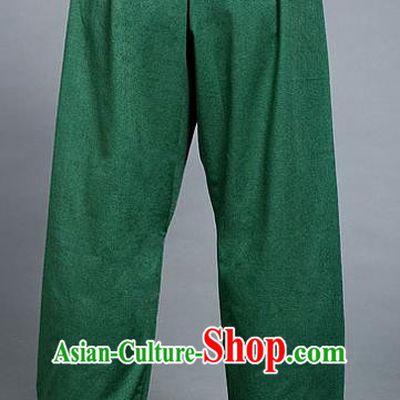 Traditional Chinese Top Linen Kung Fu Costume Martial Arts Kung Fu Training Green Pants, Tang Suit Gongfu Shaolin Wushu Plus Fours, Tai Chi Taiji Teacher Trousers for Women for Men