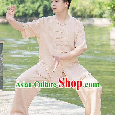 Traditional Chinese Top Linen Kung Fu Costume Martial Arts Kung Fu Training Plated Buttons Short Sleeve Wheat Uniform, Tang Suit Gongfu Shaolin Wushu Clothing, Tai Chi Taiji Teacher Suits Uniforms for Men