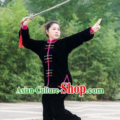 Traditional Chinese Top Pleuche Kung Fu Costume Martial Arts Kung Fu Training Colorful Plated Buttons Black Uniform, Tang Suit Gongfu Shaolin Wushu Clothing, Tai Chi Taiji Teacher Suits Uniforms for Women
