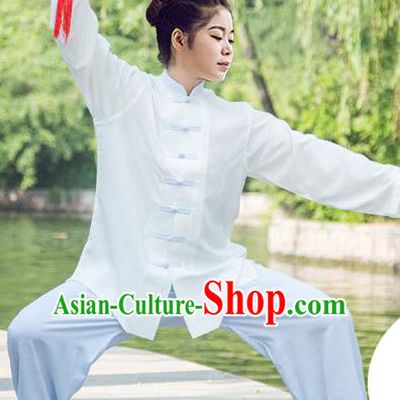 Traditional Chinese Top Linen Kung Fu Costume Martial Arts Kung Fu Training White Uniform, Tang Suit Gongfu Shaolin Wushu Clothing, Tai Chi Taiji Teacher Suits Uniforms for Women