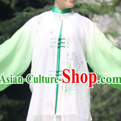 Traditional Chinese Top Gastrodia Kung Fu Costume Martial Arts Kung Fu Training Green Chiffon Marble, Tang Suit Gongfu Shaolin Wushu Clothing, Tai Chi Taiji Teacher Cardigan for Women