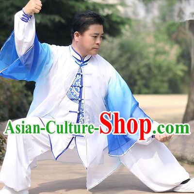 Traditional Chinese Top Kung Fu Costume Martial Arts Kung Fu Training Blue Chiffon Marble, Tang Suit Gongfu Shaolin Wushu Clothing, Tai Chi Taiji Teacher Cardigan for Men