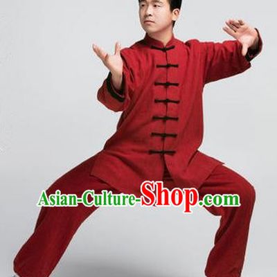 Traditional Chinese Top Muscle Hemp Kung Fu Costume Martial Arts Kung Fu Training Red Uniform, Tang Suit Gongfu Shaolin Wushu Clothing, Tai Chi Taiji Teacher Suits Uniforms for Men