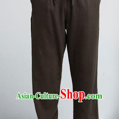 Traditional Chinese Top Muscle Hemp Kung Fu Costume Martial Arts Kung Fu Training ArmyGreen Pants, Tang Suit Gongfu Shaolin Wushu Plus Fours, Tai Chi Taiji Teacher Trousers for Men