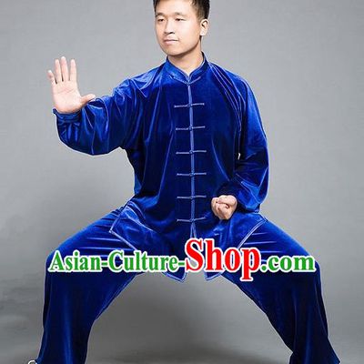 Traditional Chinese Top Gold Velvet Kung Fu Costume Martial Arts Kung Fu Training Plated Buttons Blue Uniform, Tang Suit Gongfu Shaolin Wushu Clothing, Tai Chi Taiji Teacher Suits Uniforms for Men