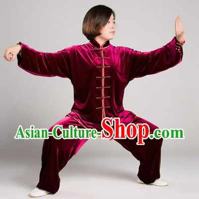 Traditional Chinese Top Gold Velvet Kung Fu Costume Martial Arts Kung Fu Training Plated Buttons Red Uniform, Tang Suit Gongfu Shaolin Wushu Clothing, Tai Chi Taiji Teacher Suits Uniforms for Women