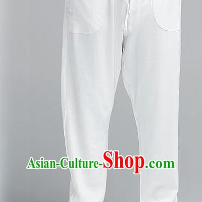 Traditional Chinese Top Muscle Hemp Kung Fu Costume Martial Arts Kung Fu Training White Pants, Tang Suit Gongfu Shaolin Wushu Plus Fours, Tai Chi Taiji Teacher Trousers for Men