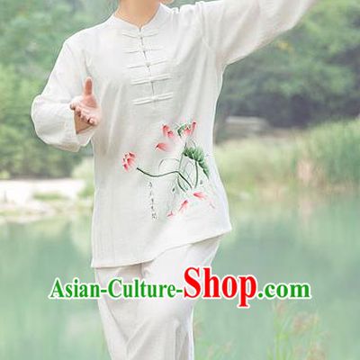 Traditional Chinese Top Gastrodia Kung Fu Costume Martial Arts Kung Fu Training Plated Buttons Hand Painted Lotus Uniform, Tang Suit Gongfu Shaolin Wushu Clothing, Tai Chi Taiji Teacher Suits Uniforms for Women