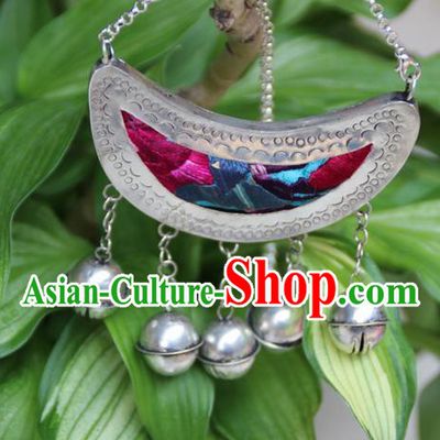 Traditional Chinese Miao Nationality Crafts, Hmong Handmade Silver Embroidery Jewelry Bell Pendant, Black Rope Necklace Pendant for Women