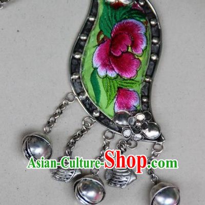 Traditional Chinese Miao Nationality Crafts, Hmong Handmade Silver Embroidery Bell Pendant, Black Rope Necklace Bell Pendant for Women