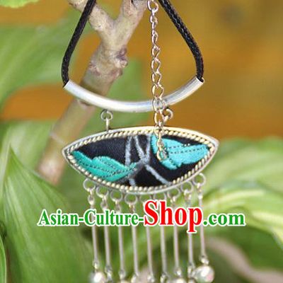 Traditional Chinese Miao Nationality Crafts, Hmong Handmade Silver Blue Embroidery Pendant, Black Rope Necklace Bells Pendant for Women