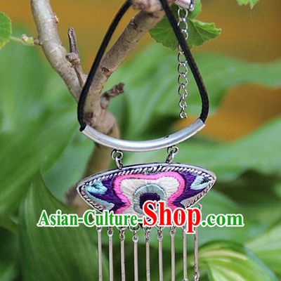 Traditional Chinese Miao Nationality Crafts, Hmong Handmade Silver Embroidery Pendant, Black Rope Necklace Bells Pendant for Women