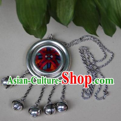 Traditional Chinese Miao Nationality Crafts, Hmong Handmade Miao Silver Embroidery Round Bells Tassel Pendant, Miao Ethnic Minority Necklace Accessories Bells Pendant for Women